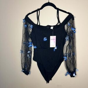 Wdirara Blue Butterfly Black Mesh Size Small Bodysuit